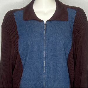 Villager Liz Claiborne Denim Jacket Brown Sweater Sleeves Full Zip Sz 3 (1x)